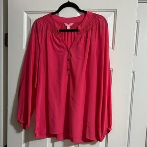 Lilly Pulitzer Pink Elsa Silk Long Sleeve V Neck Button Blouse Size Large